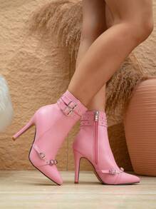 Bốt ngắn mới dành cho nữ, bốt cao gót mũi nhọn đính đinh tán thời trang đa năng cho mùa thu/đông, thích hợp cho lễ Halloween, Giáng sinh, Lễ tạ ơn, Năm mới - Hồng - Xem 5