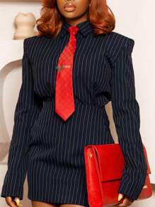女士条纹长袖衬衫和中裙休闲套装，春秋 - 黑色 - 查看 4