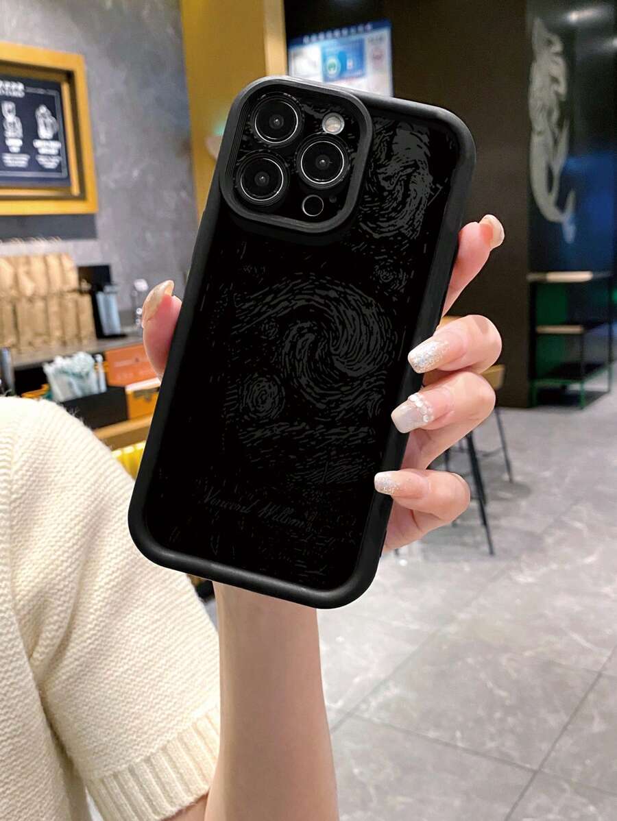 1 pezzo Custodia per telefono con design a spirale notturno antiscivolo e anti-impronta digitale, compatibile con Apple/Samsung/Redmi/Infinix/Vivo, con motivo leopardato nero - nero - Visualizzare 1