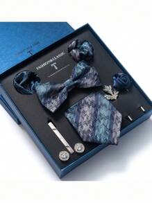 AlanKing 1set Orange Necktie, Pocket Square, Cufflinks, Boutonniere Suit For Men, Wedding Party Formal Gift Box Christmas