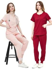 Nursing Uniforms Ladies Solid Color Pocket Short Sleeve Nurse Uniform Set - Burgundy - View 6