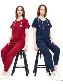 Nursing Uniforms Ladies Solid Color Pocket Short Sleeve Nurse Uniform Set - Burgundy - View 5