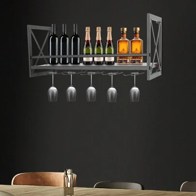 Industrial Wine Racks Wall Mounted With 5 Stem Glass Holder,Rustic Metal Hanging Wine Holder Wine Accessories,One-Tier Wall Mount Bottle Holder Glass Rack,Melamine Board Wall Shelf