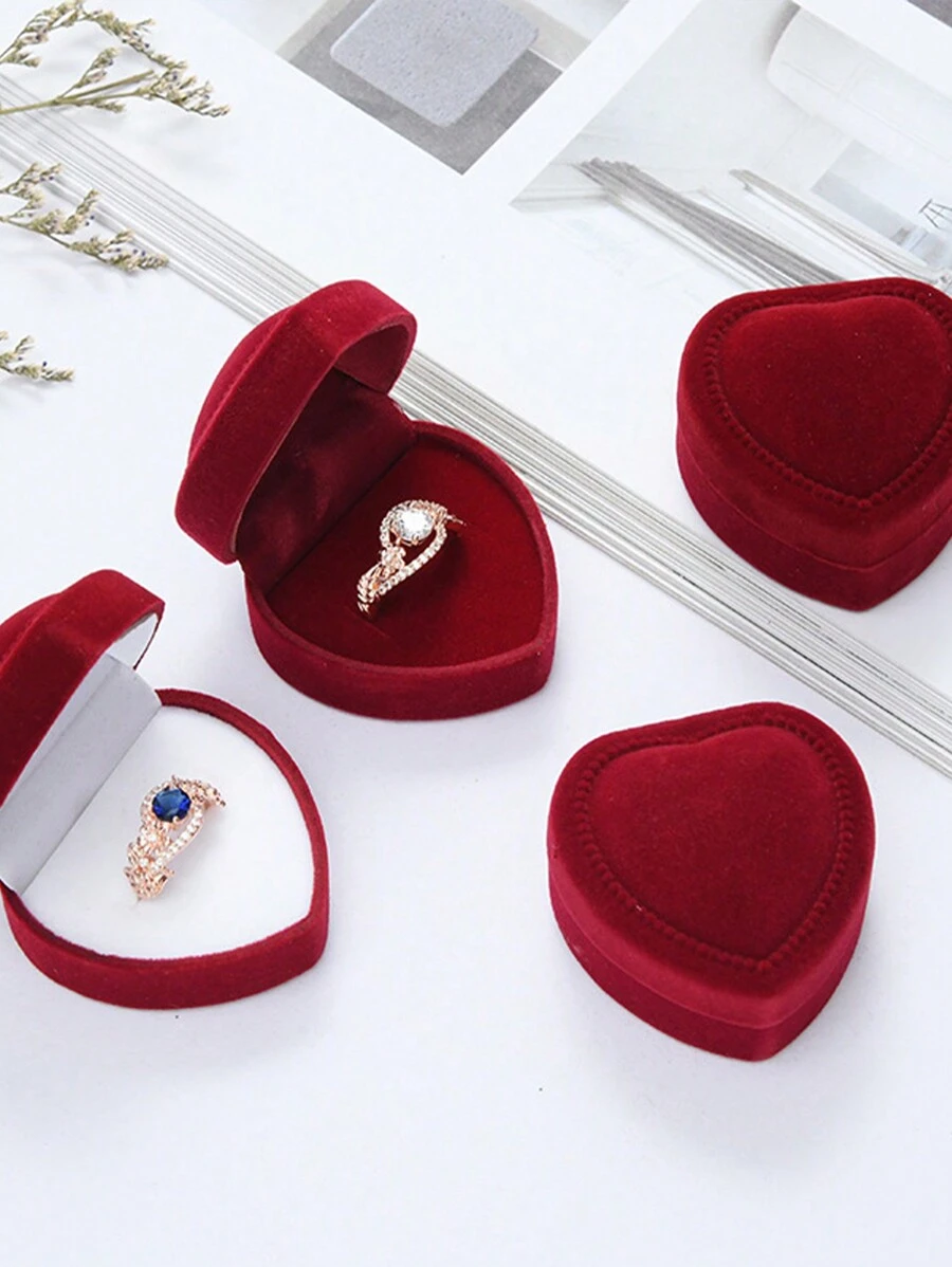 1 Peça Caixa de Jóias em Forma de Coração, Caixa de Presente Floquada Vermelha em Forma de Coração para Anéis