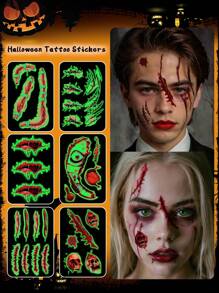 6 件万圣节夜光贴纸血疤临时纹身防水防汗一次性纹身贴纸男女适用脸部、颈部、手臂人体艺术假纹身 - 彩色 - 查看 12