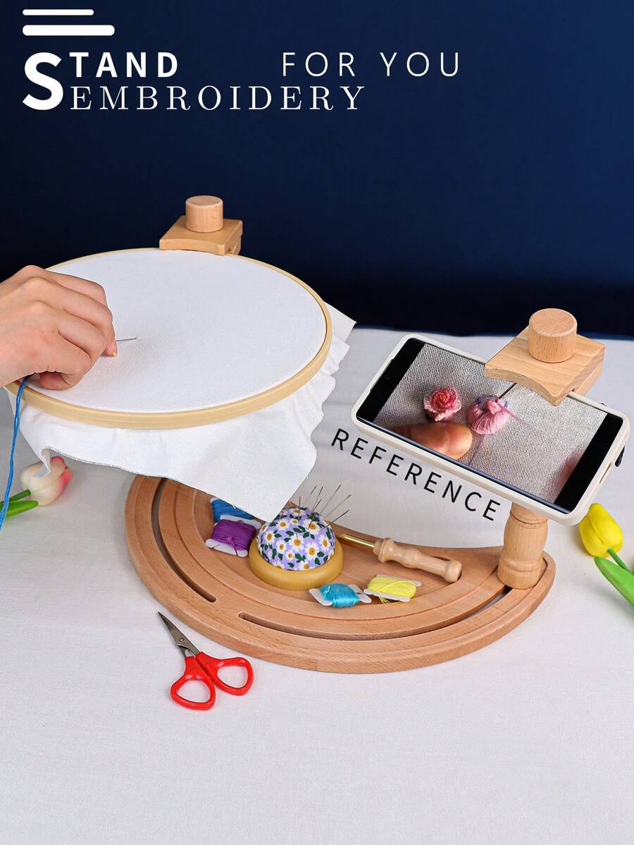 1pc  Beechwood Rotating Embroidery Hoop Stand, Portable Desktop Cross Stitch Frame With Moon-Shaped Base, Easy Assembly, Suitable For Various Embroidery Angles - Khaki - View 1