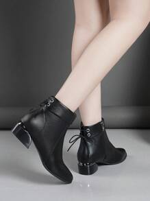 Fall/Winter Women Pointed Toe Bow Decor Short Boots, Metal Electroplating Shiny Thick Heel Black Metal Zipper Short Ankle Boots,Boots For Women - Black - View 3