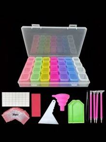 1 Set 28-Grids Diamond Painting Storage Box - Organized Container With Funnel, Stickers, Pen And Embroidery Accessories, For Diamond Painting