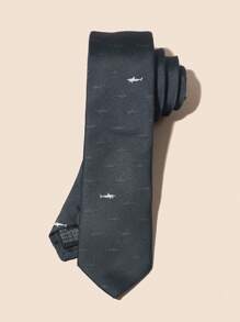 1pc Elegant Dark Gray Embroidered Shark Pattern Necktie, Suitable For Parties, Occasions & Daily Wear Halloween - Dark Grey - View 1