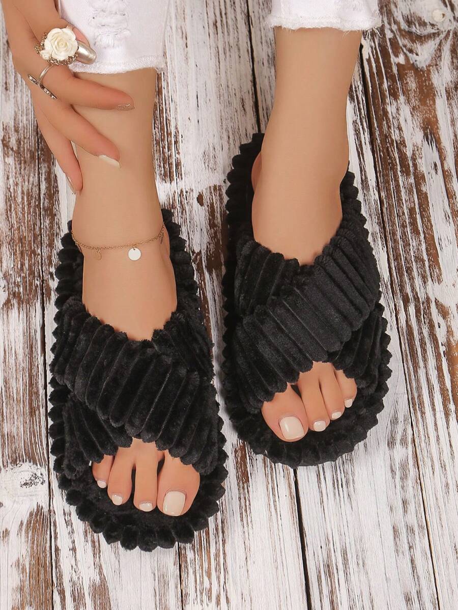 Dép đi trong nhà hở mũi ấm áp và thoải mái, dép đi trong nhà màu trơn - màu đen - Xem 1