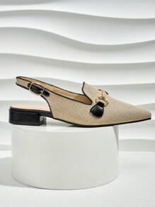 New Square Toe Gold Buckle Slip-On Breathable Linen Casual & Fashionable Flat Loafers For Women