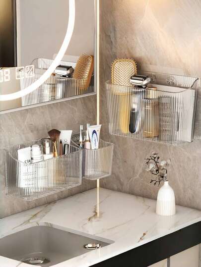 1pc No-Drill Wall Mounted Bathroom Storage Rack, Bathroom Organizer Shelf, Faucet Holder, Cosmetic Container, Bathroom Cosmetics & Shower Accessories Shelf, Toothbrush Holder, Kitchen Onion Garlic Ginger Storage Box, Bathroom & Kitchen Storage Supplies, Home Goods Bathroom