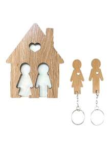 1 套木制情侣钥匙扣挂钩，情侣风格，创意木制工艺品壁挂，家居装饰钥匙扣 - 彩色 - 查看 6