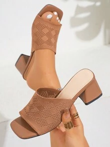 针织时尚！职业必备，透气方跟针织高跟凉鞋 - 棕色 - 查看 1