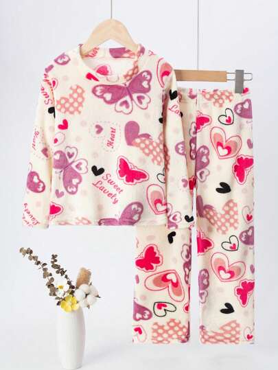 2pcs Young Girl Flannel Pajamas Set, Heart & Bow Design, Warm Thick Underwear Loungewear Suit For Girls, Autumn/Winter