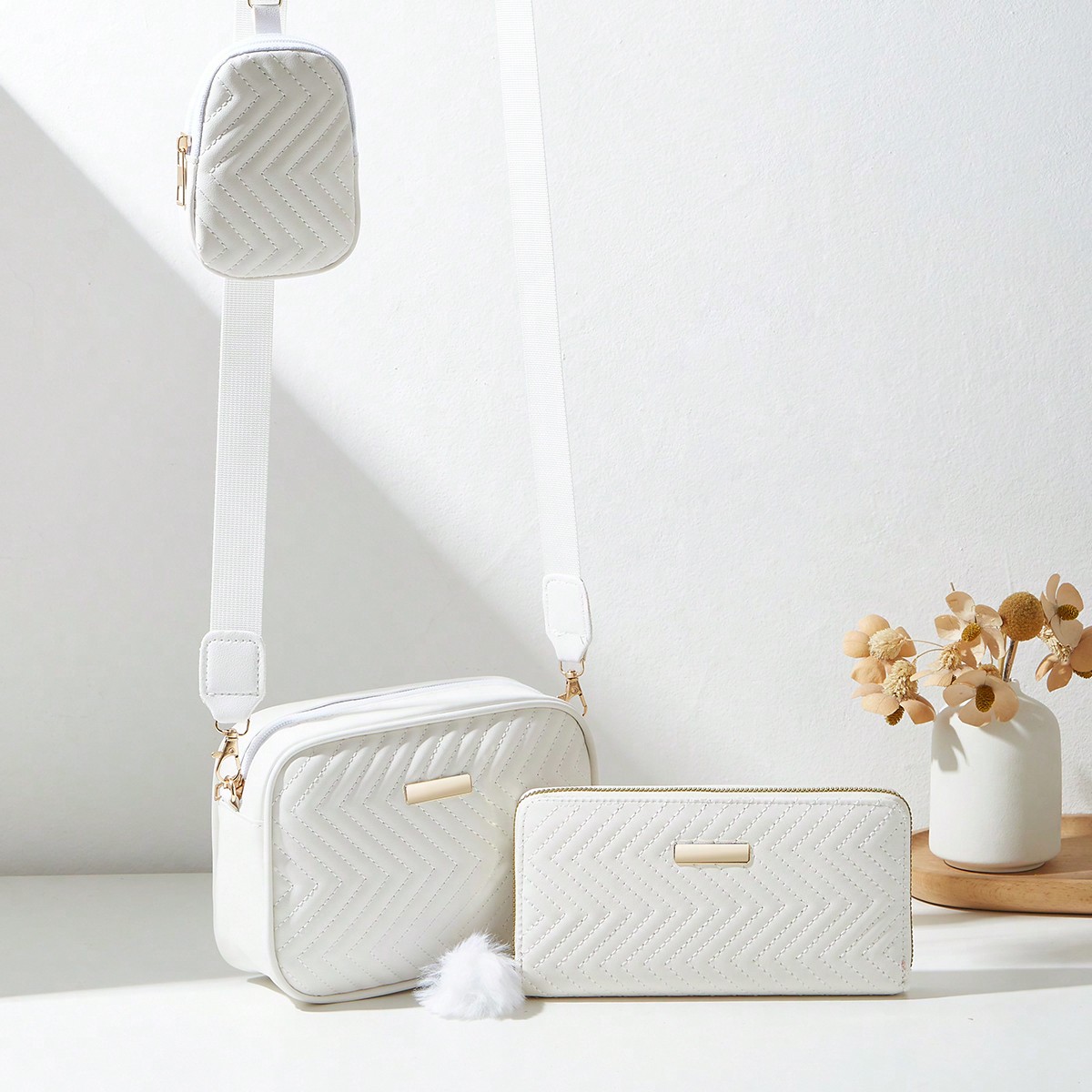 3 PiecesFashion Women Bag Set: Satchel Shoulder Crossbody Bag, Quilted Bag, Long Wallet, Small Square Pouch, Coin Purse