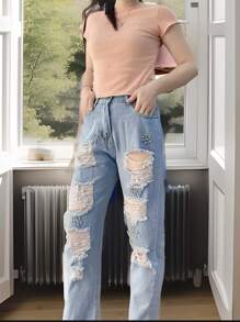 Mom Jeans con perlas,brillos - Lavado ligero - Ver 3