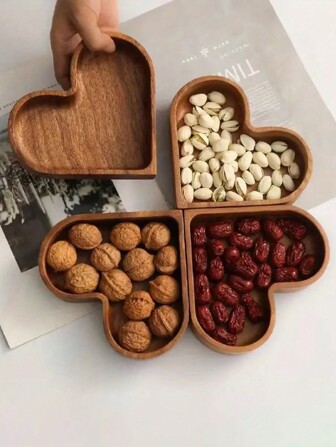 心形木制托盘套装 - 可堆叠核桃木碗带盖 - 适用于厨房和餐厅，适用于干果、坚果和开胃菜 - 大号带盖汤碗 - 创意相思木餐具木制工艺品