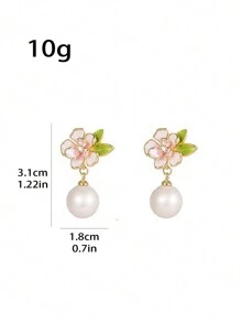 1 对时尚优雅的粉色花朵和珍珠吊坠耳环 - 彩色 - 查看 2