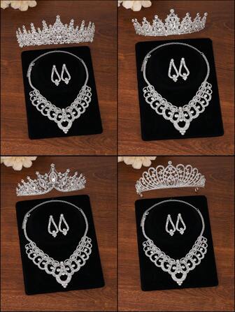 1set Vintage Crown Earrings Necklace Wedding Jewelry Set, Luxury Crystal Rhinestone Bridal Accessories, Versatile Party & Wedding Gift