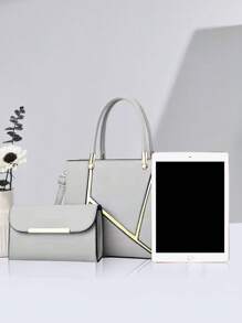 PLANEE Combo Bag, Elegant Zipper Handbag, Fashionable Handbag For Women, PU Leather Large Capacity Handbag For Women, Office And Work Shoulder Bag For Women, Complete Work Shoulder Bag, Geometric Pattern Wallet Set, Best Mother Day Gifts Ever - Light Grey - View 3