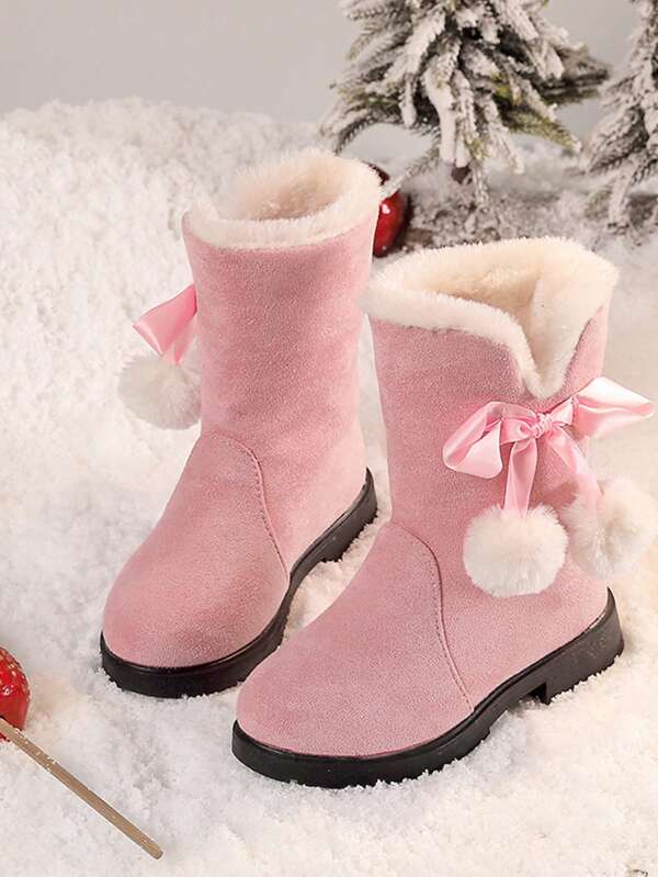 Girls Winter Boots Princess Snow Boots New Fashion Bow High-Top Boots Mid-Calf Thick Warm Snow Boots For Christmas, Red Color, Suitable For Little Girls