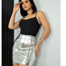 Synthetic Leather Skirt With Rhinestone Detail A Beautiful Piece In Sizes P/34/36 M/38/40 G/42/44 - Bạc - Xem 1
