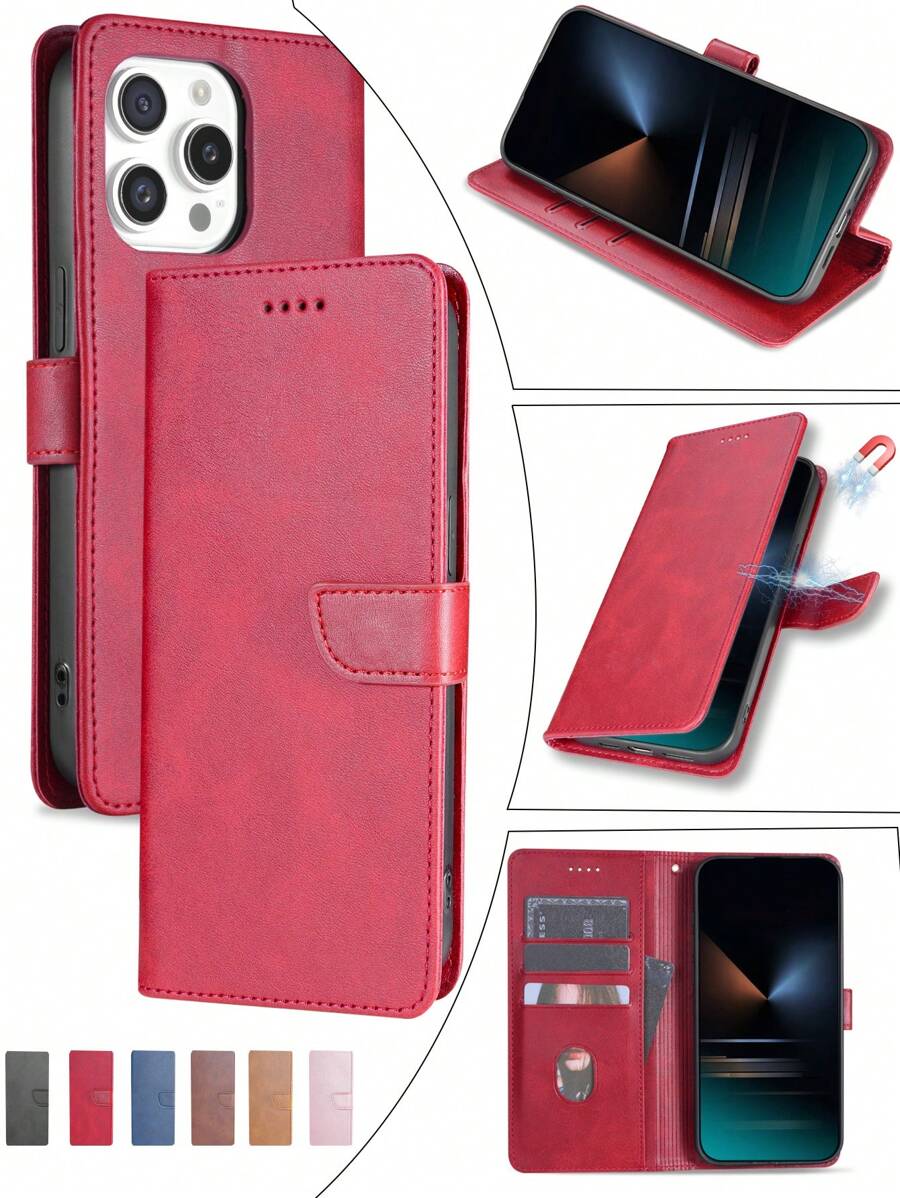 翻盖皮套 + 支架 + 设计全保护手机壳,兼容 Apple 16 Pro Max/ S24U/Redmi Note 13 Pro,兼容 Iphone 11/12/13/14/15 Pro Max、S24U、OPPO、VIVO、Redmi Note 11/12/13 Pro - 酒紅色 - 查看 1