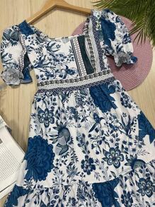 Long Dress PRINTED With Lining In CREPE Fabric, Beautiful And Fashionable - 藍色 - 查看 4