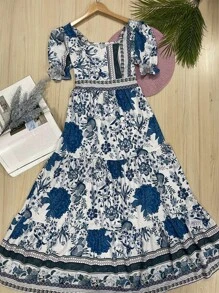 Long Dress PRINTED With Lining In CREPE Fabric, Beautiful And Fashionable - 藍色 - 查看 1