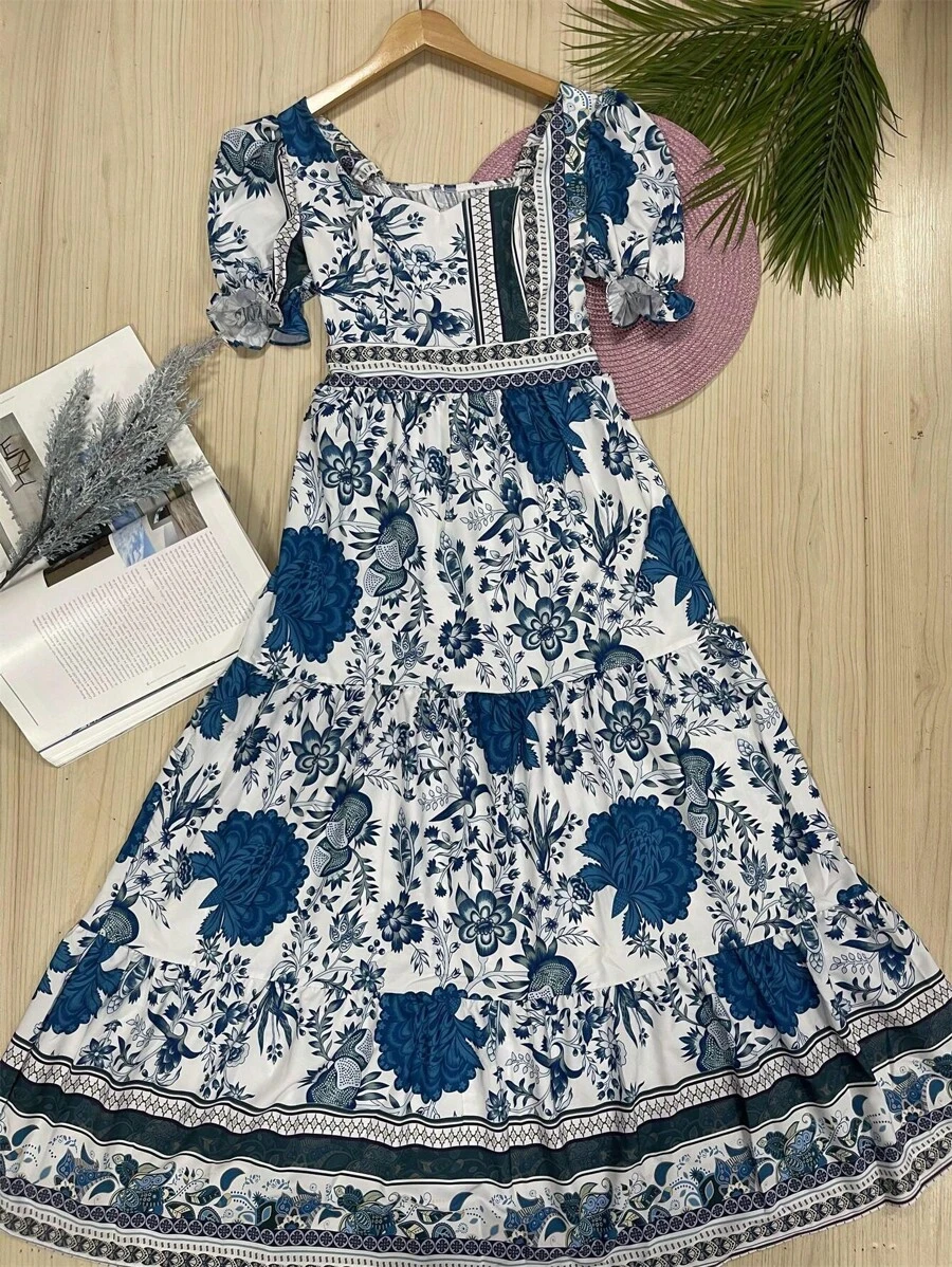 Long Dress PRINTED With Lining In CREPE Fabric, Beautiful And Fashionable - 藍色 - 查看 1