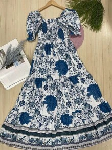 Long Dress PRINTED With Lining In CREPE Fabric, Beautiful And Fashionable - 藍色 - 查看 2