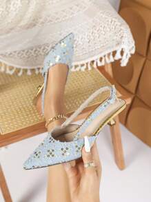 Sandalias de tacón bajo de punta fina para mujeres, Top de tela con adornos de lentejuelas, zapatos de moda para fiestas y citas - Celeste - Ver 1