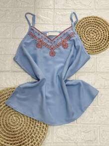 Women's Crepe Tank Top With Embroidery FL-451 - Màu xanh lam - Xem 1