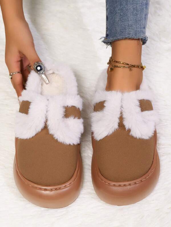 Women's New Autumn Winter Fashion H Slippers, Round Toe Thick Sole Design, Cross-Border, Beige/Brown Classic Versatile, Recommended By Fashion Bloggers, French High-End Feel, Comfortable Warm Non-Slip Indoor/Outdoor Slides, Multifunctional Slippers