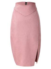 Risissida Damen Bleistiftrock für Frühling und Herbst, hohe Taille, schlank, Kunstvelours, seitlicher Schlitz und Knie, Business-Workwear - Pink - Übersicht 3