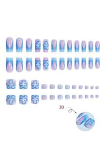 1 Set Of 48Pcs Medium Square Gradient French 3D Floral False Nails Suitable For All Women, For Party, Celebration, Daily Wear - Comfortable, Easy To Apply, Long-Lasting Shine. Includes Jelly Gel And Buffer Blocks For Beautiful Nails. Press On Nails Nail Supplies Nails - Teal Blue - View 3