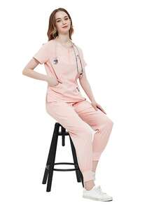 Uniformes de Enfermera Señoras Color Sólido Bolsillo de Manga Corta Conjunto de Uniforme de Enfermera - Rosa - Ver 4