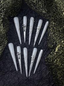 10Pcs Super Long Pointed Nail Tips With Silver Fluid Cross Inlay, European & American Y2K And Baddie Style, Handmade And Elegant, Suitable For Women And Girls Press On Nails Nail Supplies Nails - White - View 4