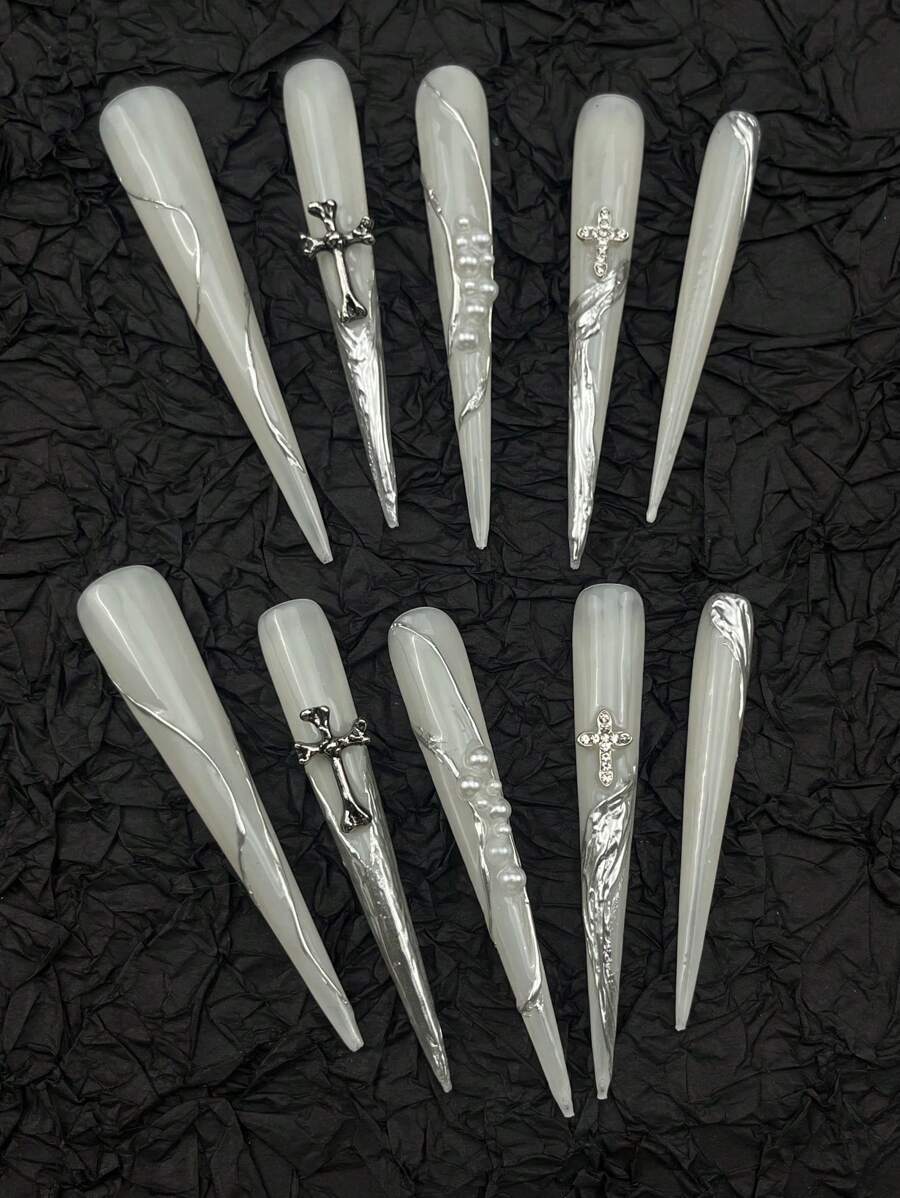 10Pcs Super Long Pointed Nail Tips With Silver Fluid Cross Inlay, European & American Y2K And Baddie Style, Handmade And Elegant, Suitable For Women And Girls Press On Nails Nail Supplies Nails - White - View 1