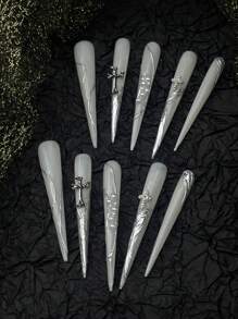 10Pcs Super Long Pointed Nail Tips With Silver Fluid Cross Inlay, European & American Y2K And Baddie Style, Handmade And Elegant, Suitable For Women And Girls Press On Nails Nail Supplies Nails - White - View 3