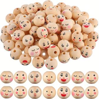 10-80pcs Smile Face Wooden Beads, Wooden Spacer Beads For Bracelet, Necklace, Jewelry Making DIY Crafts, Christmas Decoration (Random Style & Color)