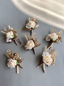 6pcs Artificial Champagne Rose Flowers Groom Boutonniere Man Corsage Graduate Pin Suit Wedding Flowers Party Decoration Valentine's Day