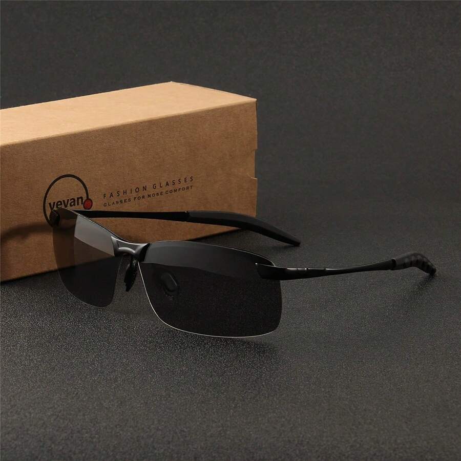 1 件男士运动无框时尚眼镜 - 大号、新潮、时尚，配有变色镜片，适合打高尔夫、钓鱼和徒步旅行，打造街头风格，适合搭配毛衣夹克、运动衫、连帽衫、皮裤和工装裤 - 黑色 - 查看 1