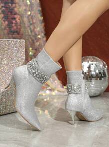 Women's High Heel Pointed Toe Fashion Boots, Sparkling Fabric, Rhinestone Decor, 7.3cm Heel Height, Comfortable For Parties, Gatherings And Weddings