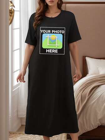 Customized Plus Size Photo/Couple/Family/Friend/Pet Photo Printed Comfortable Loose Shift Dress, Suitable For Christmas/Valentine's Day/Anniversary Party, Black Long Dress, Autumn/Winter Dress, Holiday Gift For Summer