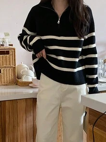 女士休闲条纹拉链长袖针织毛衣，秋冬，长袖上衣