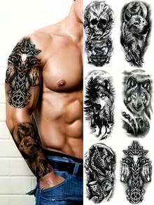 6 张半臂骷髅狼月亮人体艺术假纹身贴防水持久临时纹身成人适合开学季装饰 - 黑色 - 查看 9