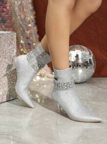 Women's High Heel Pointed Toe Fashion Boots, Sparkling Fabric, Rhinestone Decor, 7.3cm Heel Height, Comfortable For Parties, Gatherings And Weddings