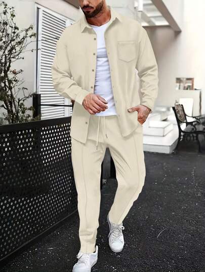 1set Men's Casual Business Lightweight Solid Pocket Long Sleeve Shirt + Long Pants